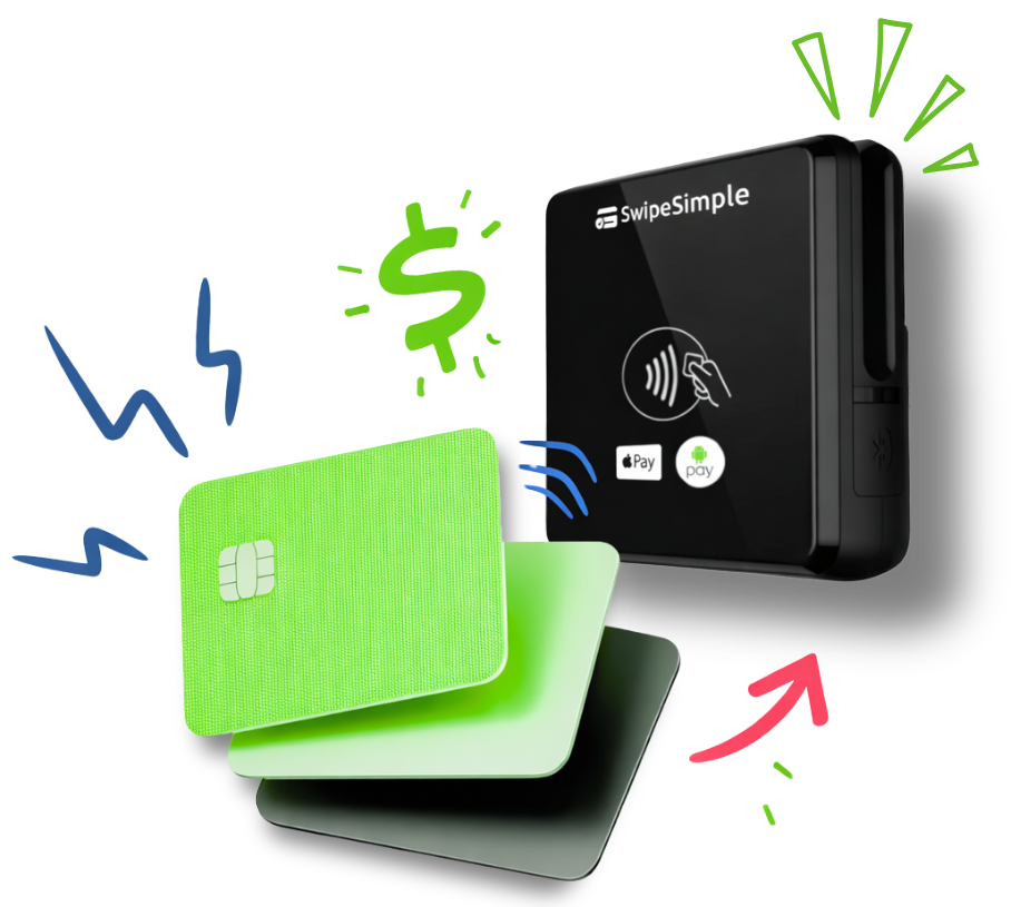 A SwipeSimple card reader processes a payment from a contactless green credit card, indicated by stylized motion graphics.
