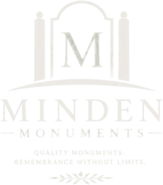 Minden Monuments logo in pale gray with an arch and the slogan “Quality monuments, remembrance without limits.”