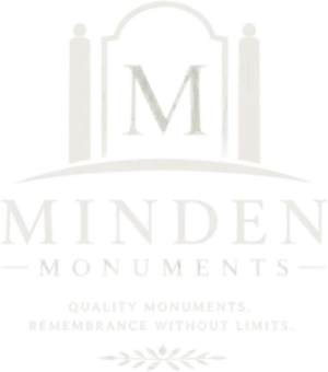 Minden Monuments logo in pale gray with an arch and the slogan “Quality monuments, remembrance without limits.”