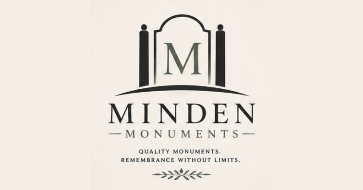 Minden Monuments logo with a stylized monument and the tagline “Quality monuments, remembered without limits.”
