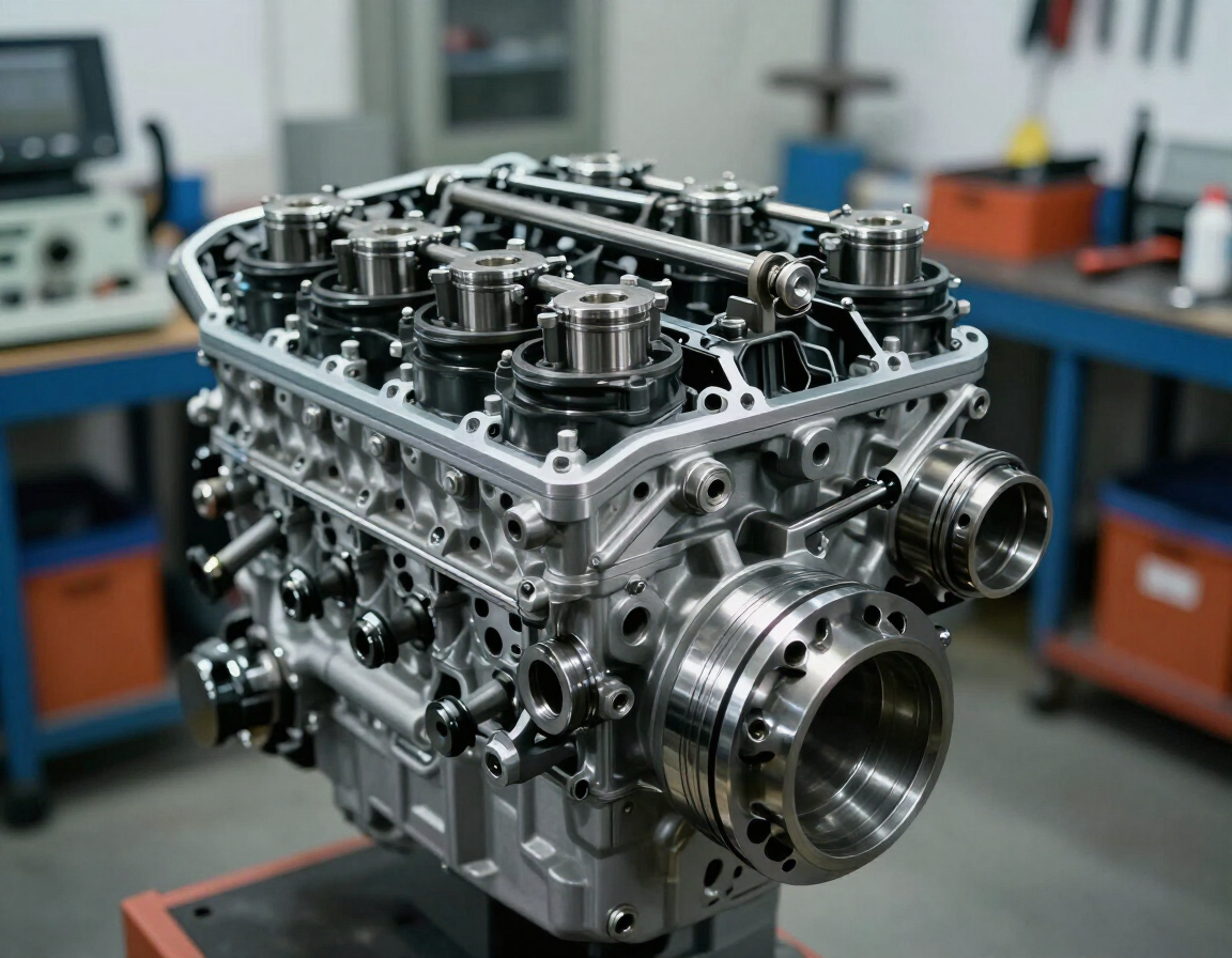 Primer plano de un bloque de motor plateado sobre un banco de trabajo en un taller, con herramientas desenfocadas al fondo.
