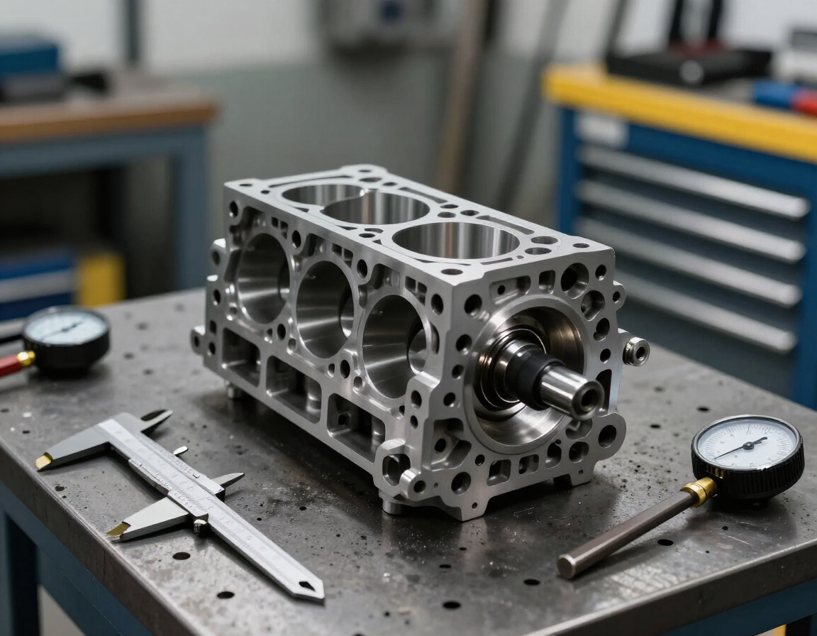 Bloque de motor de metal mecanizado sobre un banco de trabajo con calibradores y medidores en un taller.