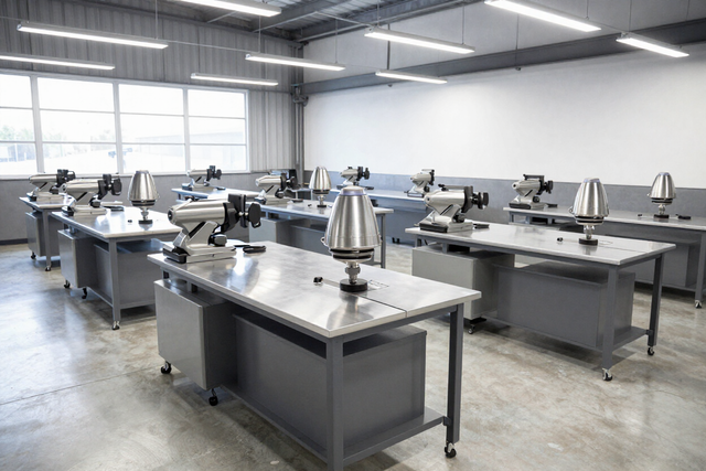 Laboratorio industrial vacío con filas de mesas de trabajo metálicas y equipos bajo luces cenitales brillantes.