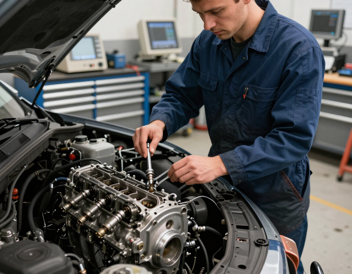 Mecánico inspeccionando el motor de un coche en un taller con el capó abierto.