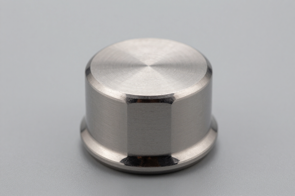 Pequeña tapa cilíndrica de metal plateado sobre un fondo gris liso.