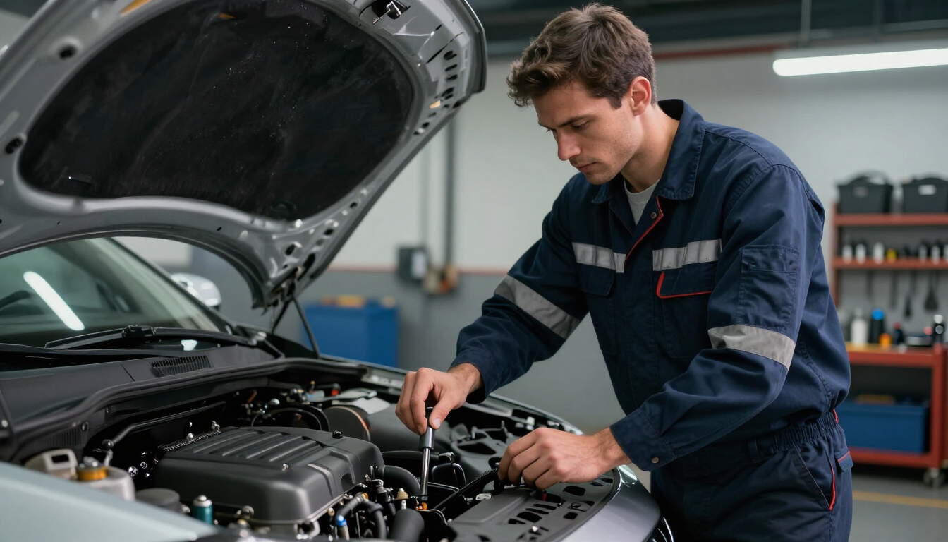Mecánico trabajando bajo el capó abierto de un coche en un taller de reparación de automóviles.