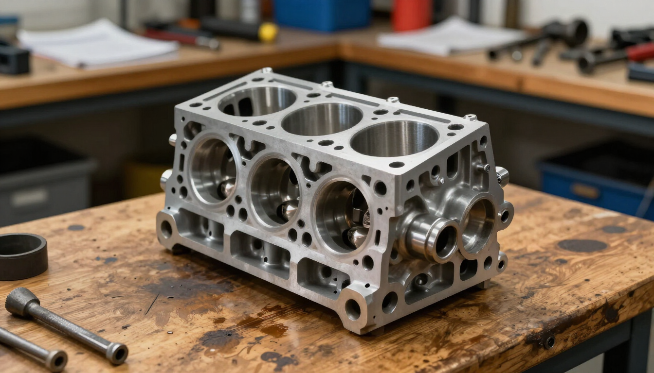 Bloque de motor de aluminio mecanizado sobre un banco de trabajo de madera en un taller.