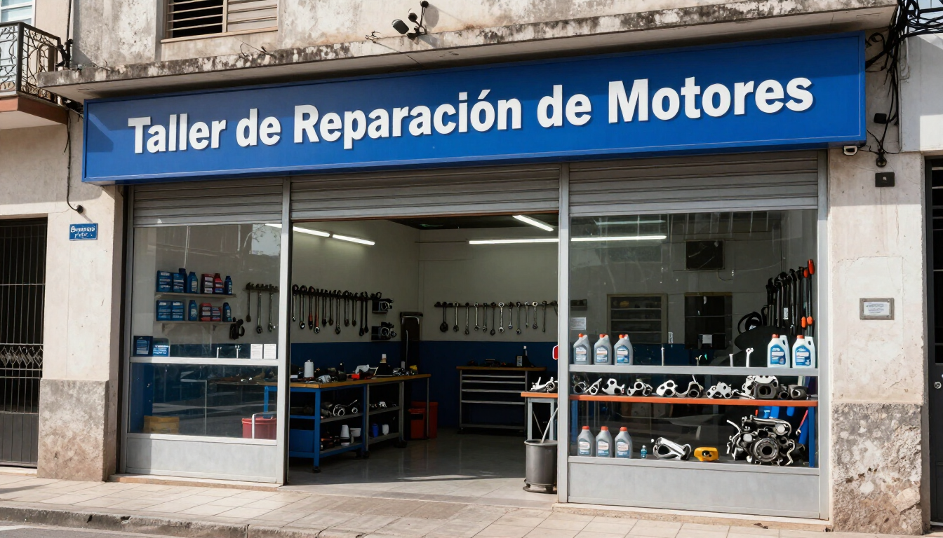 Fachada de taller de reparación de motores con letrero azul y entrada abierta, mostrando herramientas.