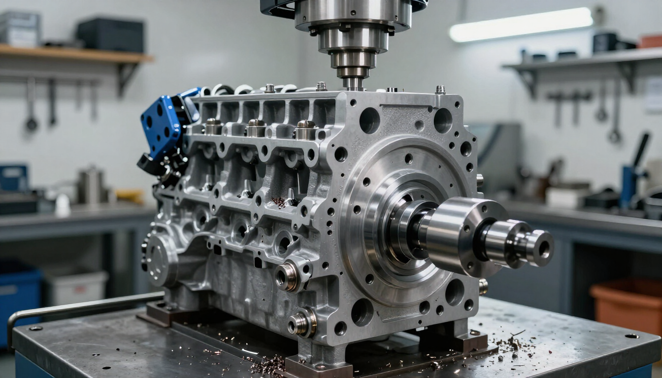Bloque de motor metálico mecanizado por CNC sobre un banco de trabajo en un taller mecánico, con un husillo.