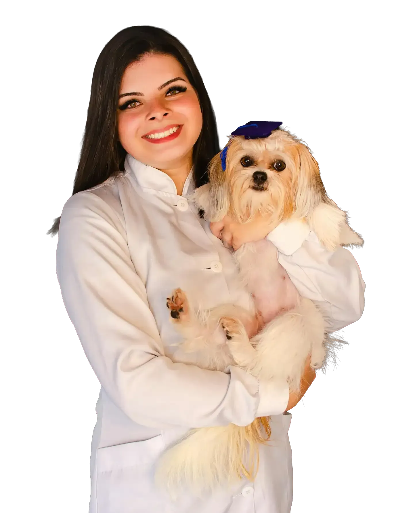 Woman holding a small fluffy dog, both facing the camera against a white background.