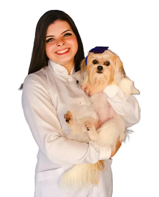 Woman holding a small fluffy dog, both facing the camera against a white background.
