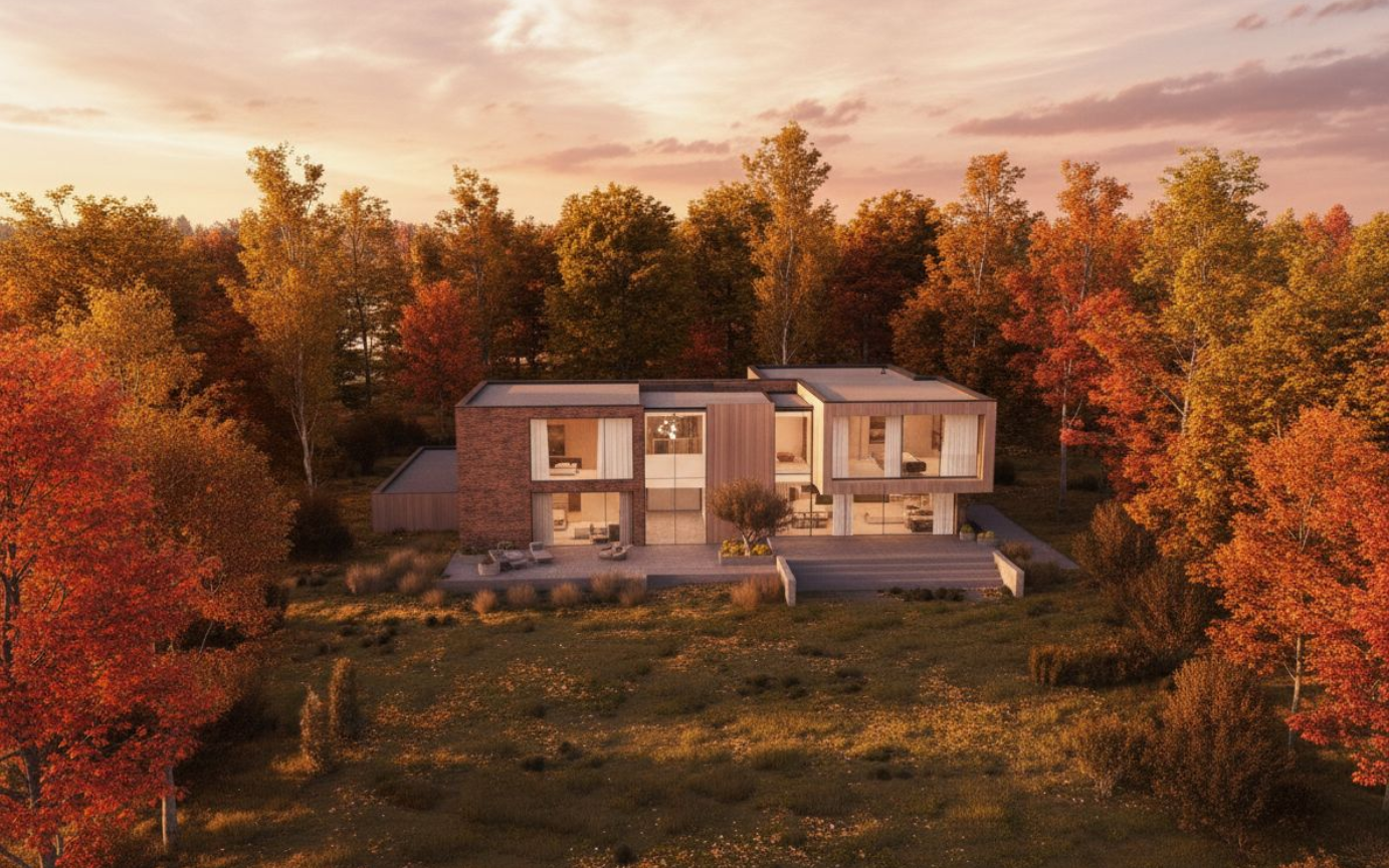 Modern house in an autumn forest, surrounded by colorful orange and red trees at sunset