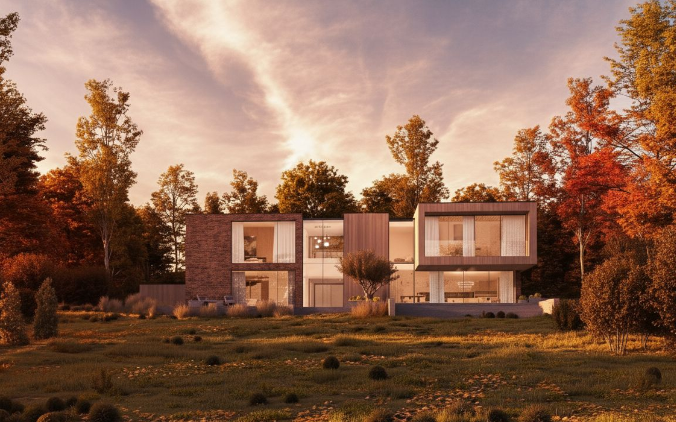 Modern two-story house with large windows in a grassy lot, framed by autumn trees at sunset
