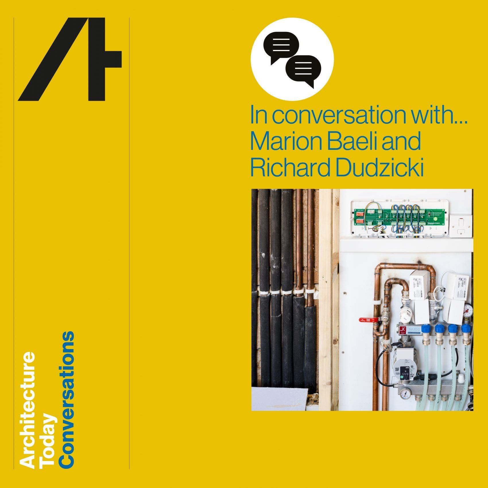 Yellow book cover for Architecture Today Conversations with Marian Baeli and Richard Dudzkic.