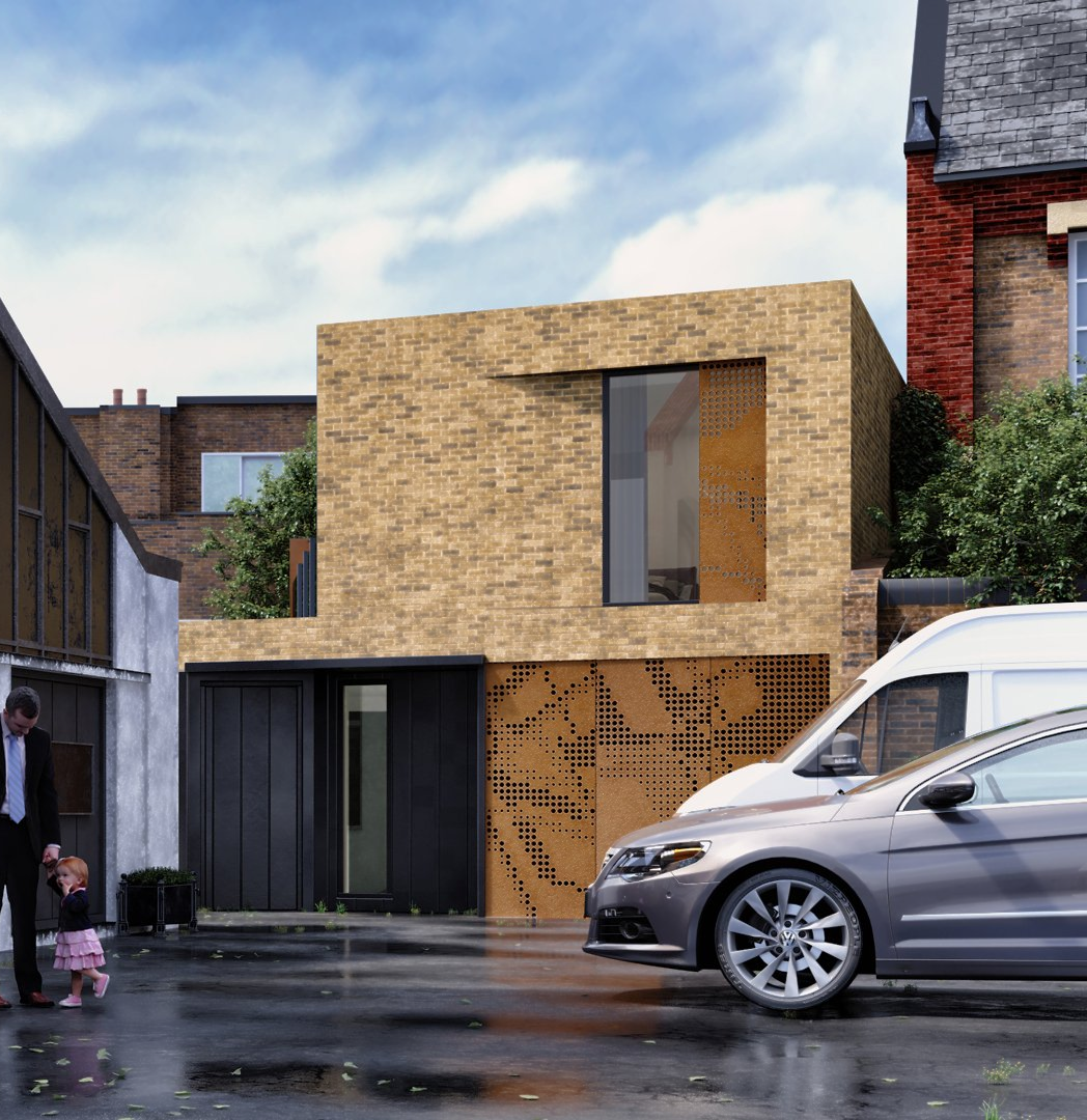 Modern tan-brick house under construction on a wet street, with parked cars in front