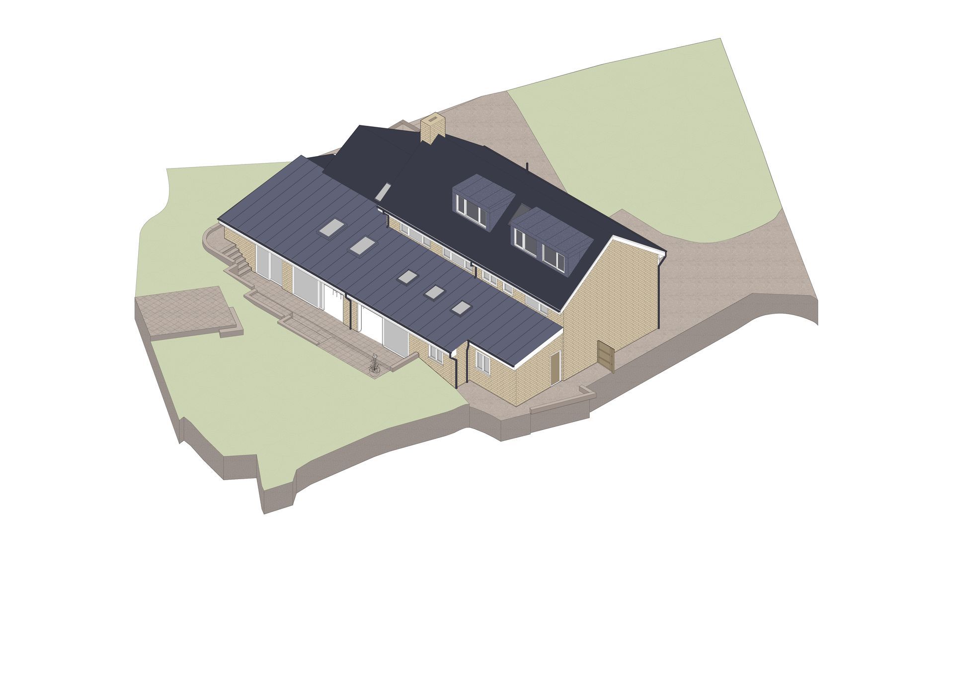 3D model of a beige house with a dark roof on a grassy lot