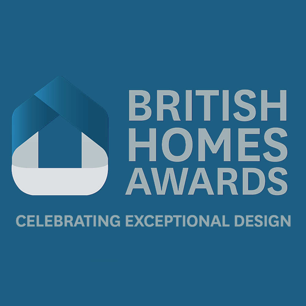 Logo for British Homes Awards: Blue house icon, gray text on teal background, 