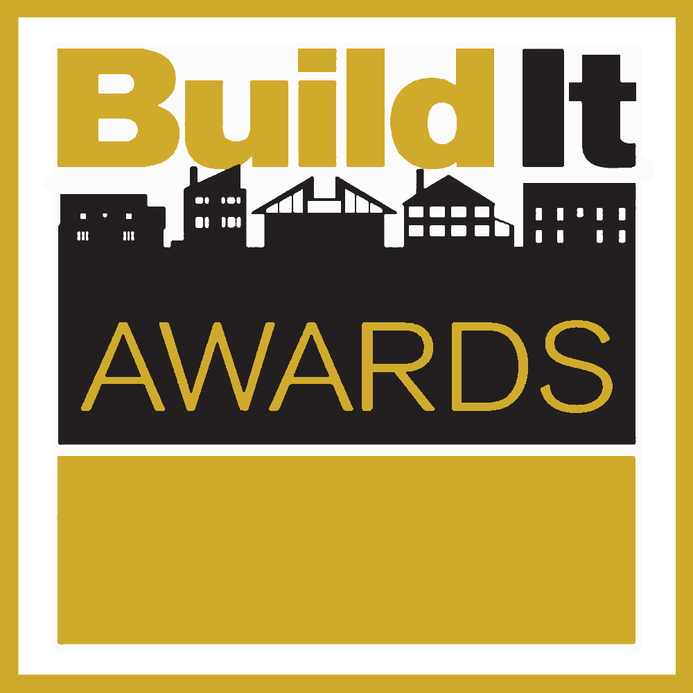 Build It Awards logo with gold and black text and building silhouettes.