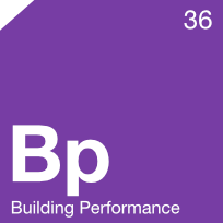 Purple building performance tile with white “Bp” initials and small “36” in the top right