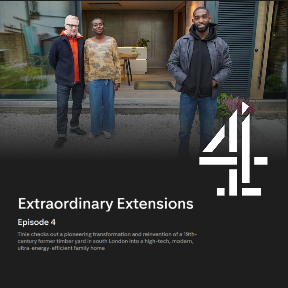 Three people standing outside a modern building, with “Extraordinary Extensions” Episode 4 text overlay.