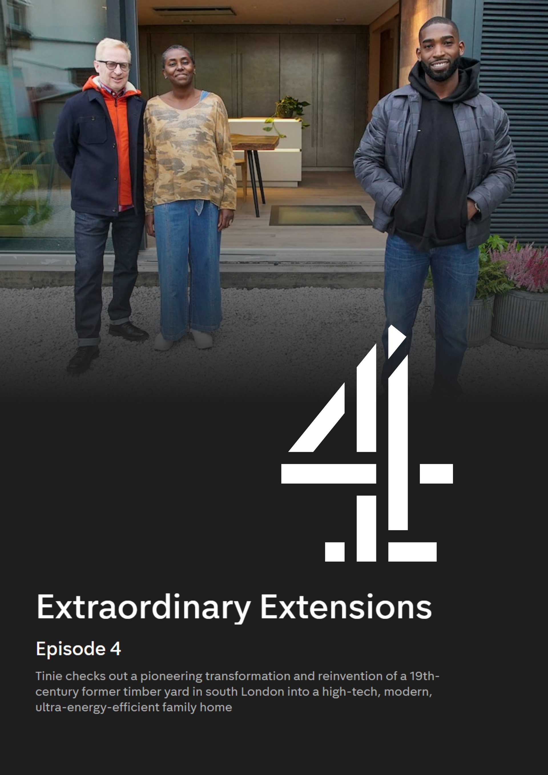 Two people stand outside a building beside a large Channel 4 logo and the text “Extraordinary Extensions”