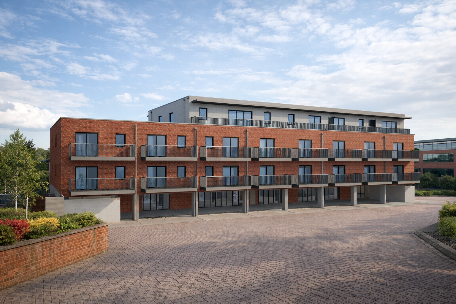 Modern brick apartment building with balconies and a gravel courtyard under a partly cloudy sky