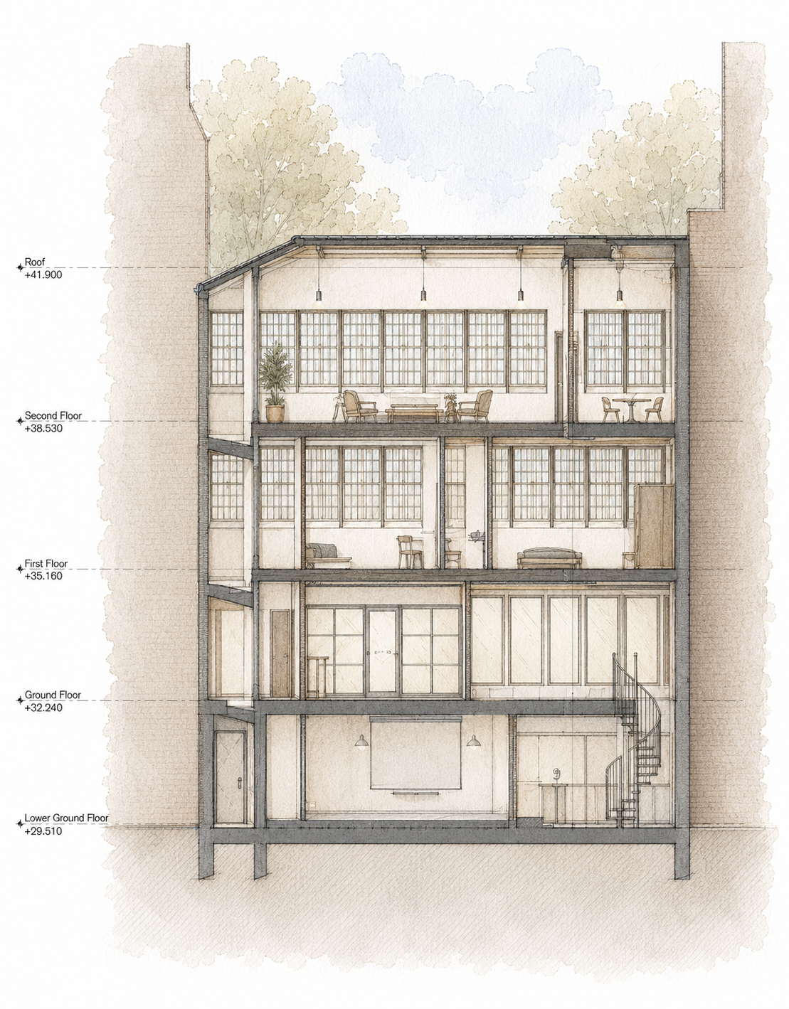 Cross-section illustration of a four-story house interior with rooms, stairs, and windows.
