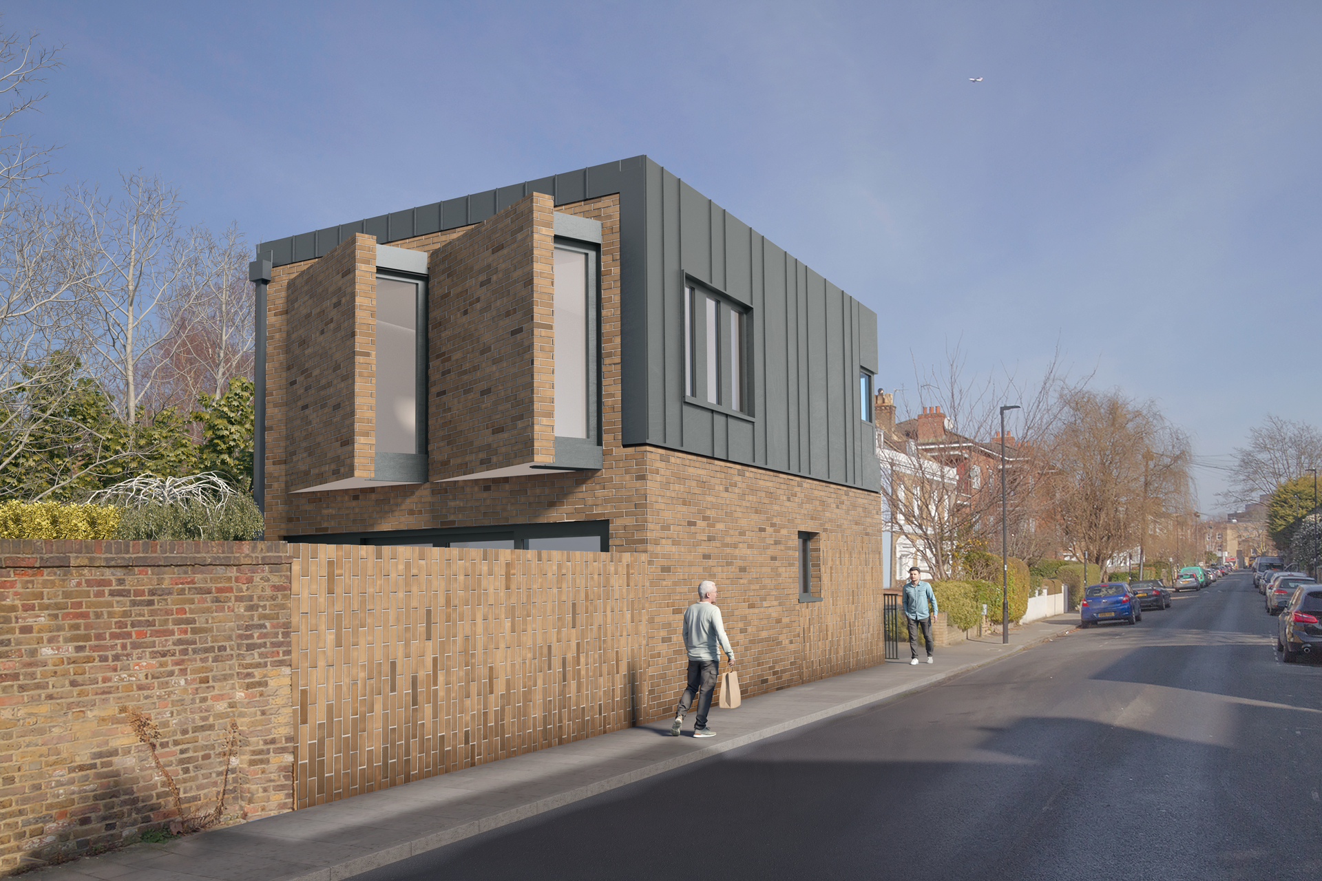 Street view of a modern brick-and-gray house with pedestrians walking along a quiet road.