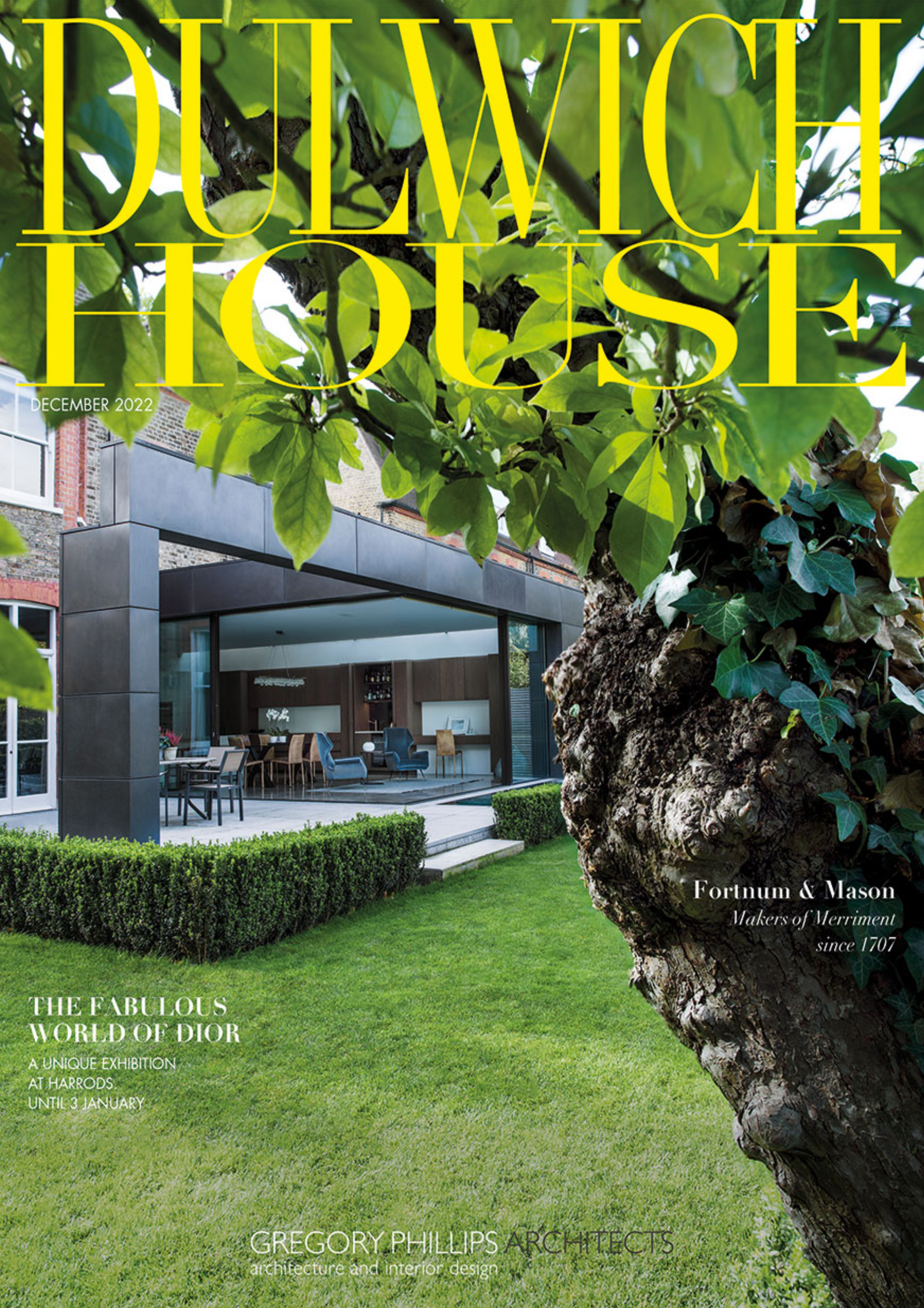 Dulwich House magazine cover featuring a modern glass home, lush garden, and large yellow title text