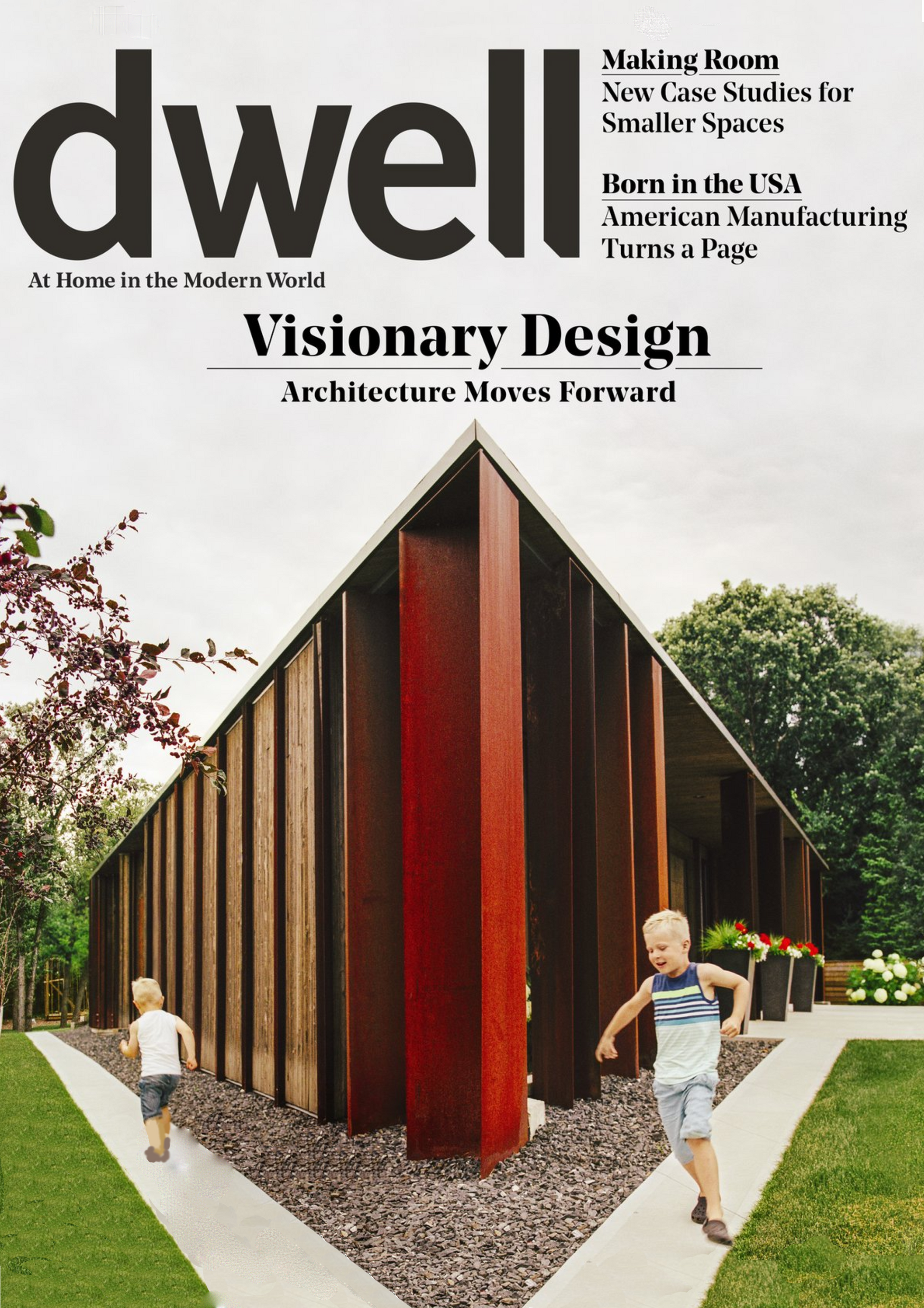 Dwells magazine cover featuring a modern house with red vertical siding and people walking outside