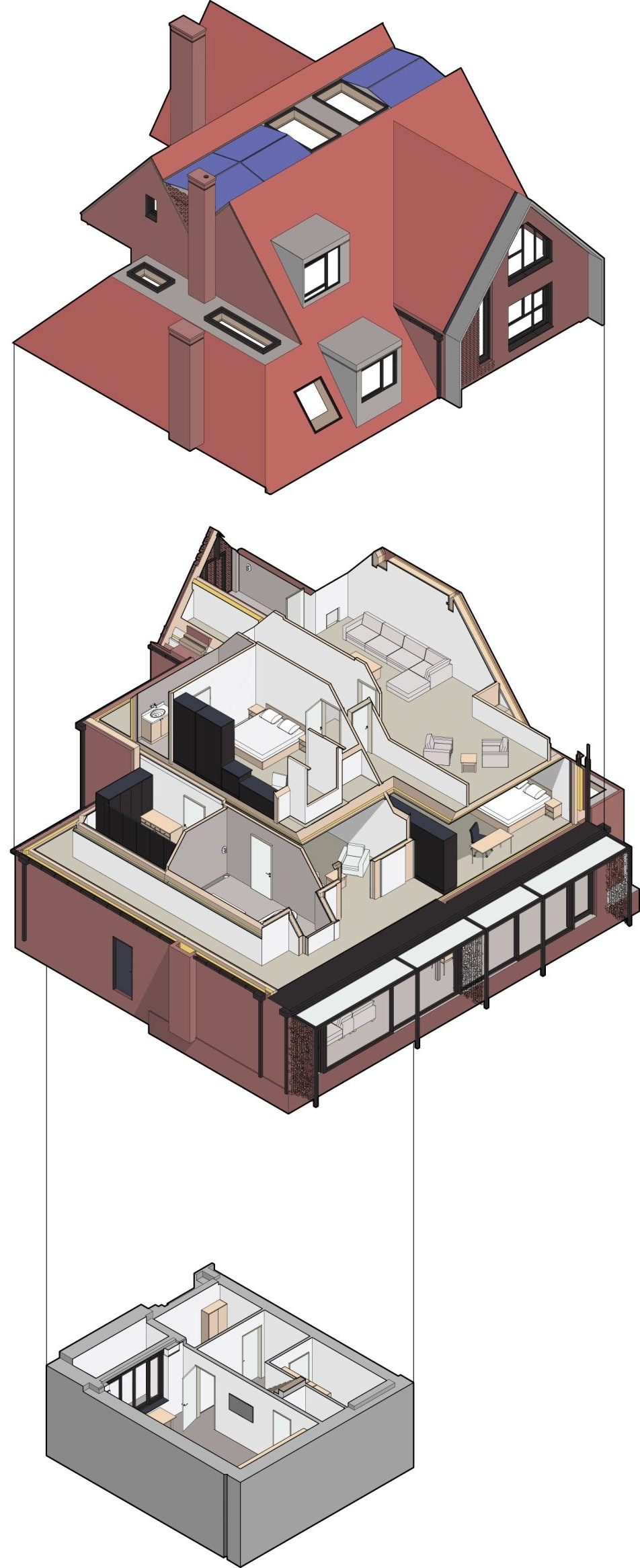 Exploded view of a house: roof, interior floors, and foundation shown in separate stacked layers