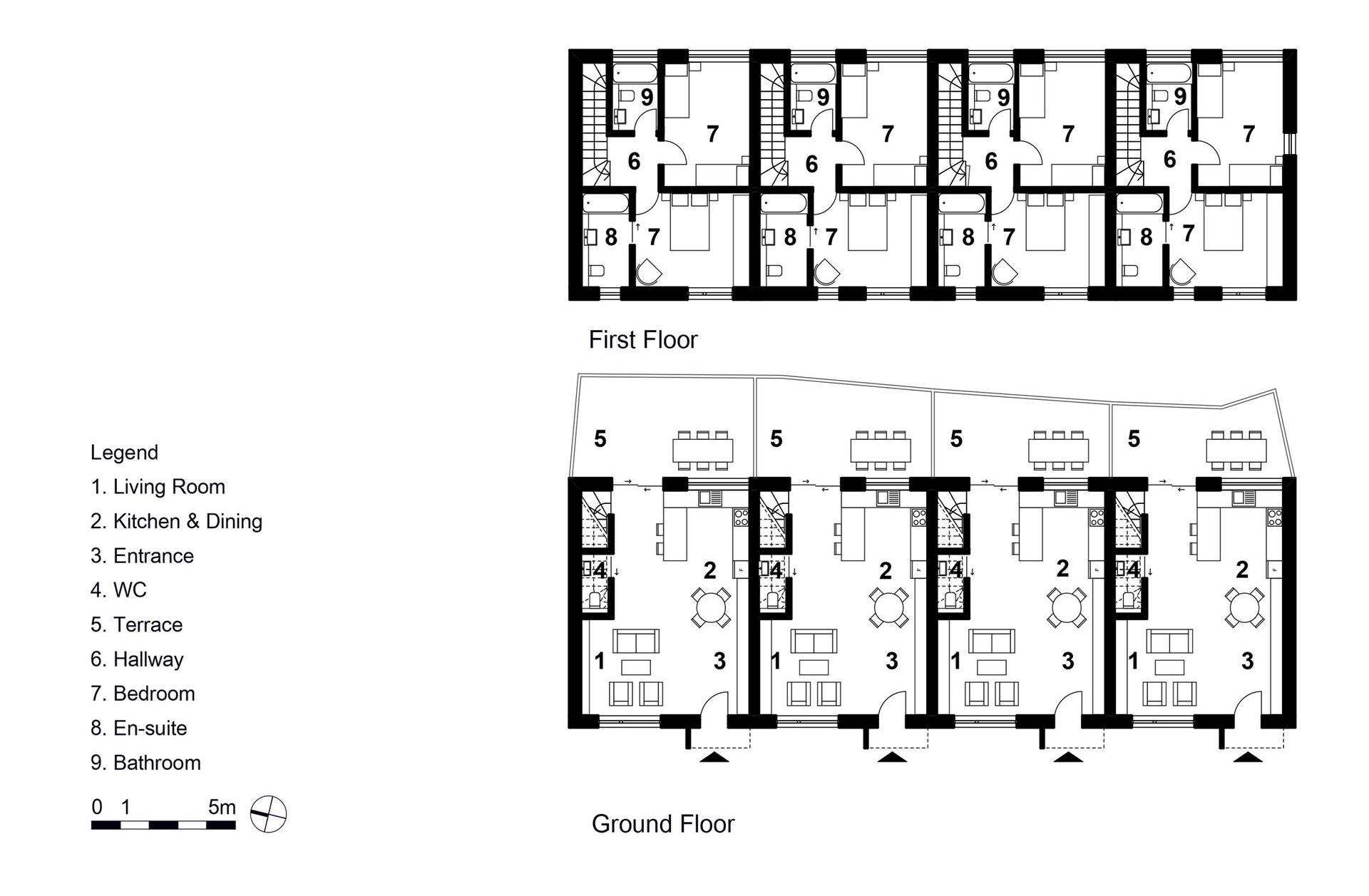 Black-and-white floor plan diagram with labeled units, hallways, and a legend.