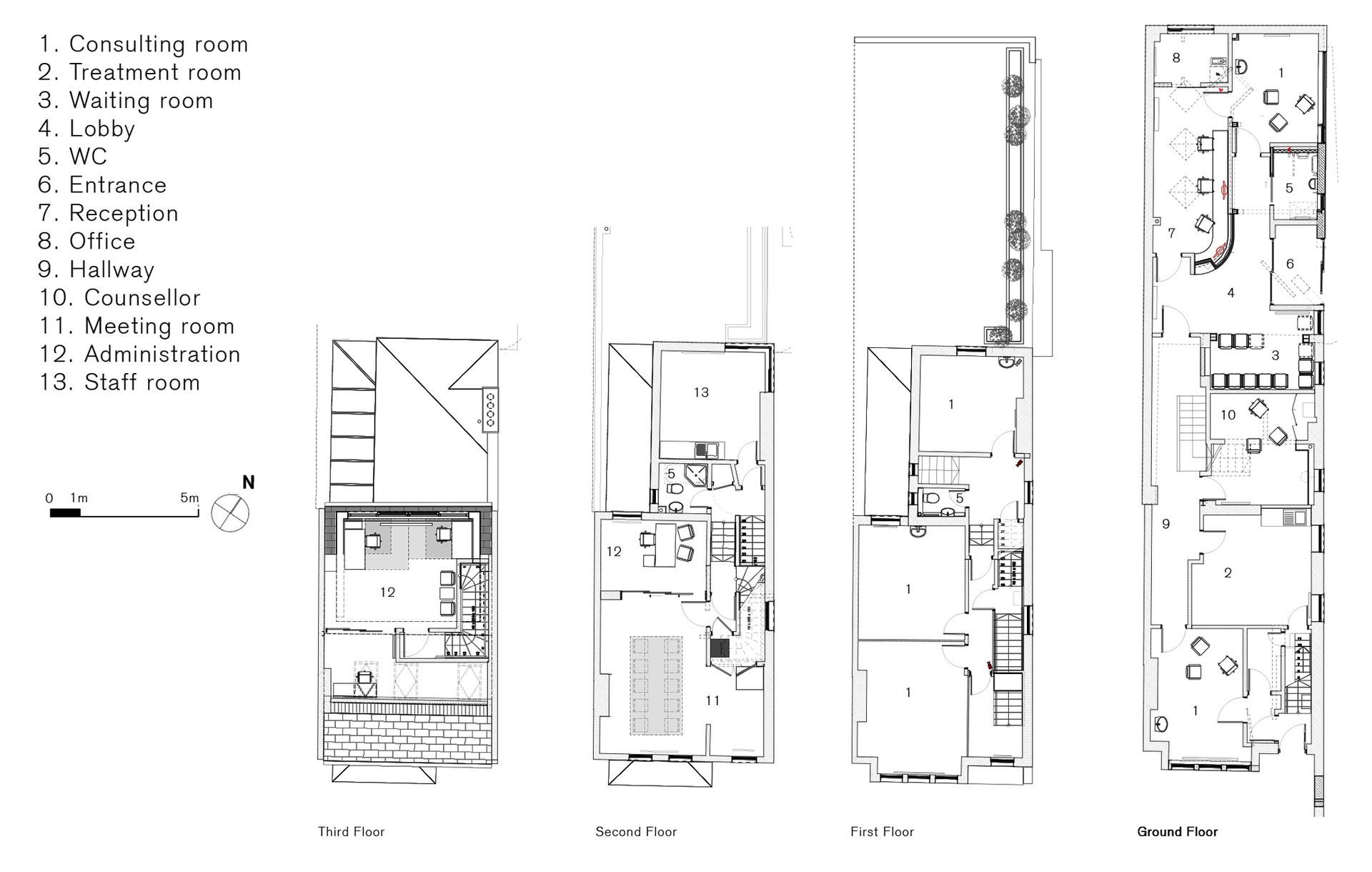 Architectural floor plan sheet showing multiple elevation and section drawings with dimensions and labels