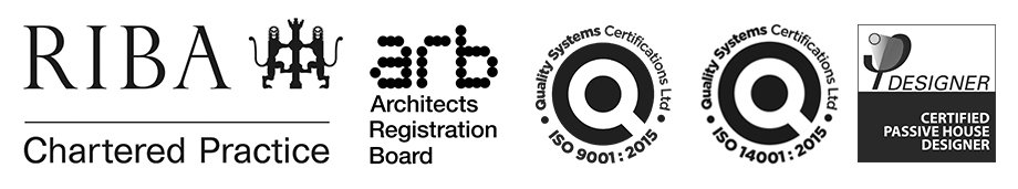 RIBA Chartered Practice logo and several certification badges in black, white, and gray.