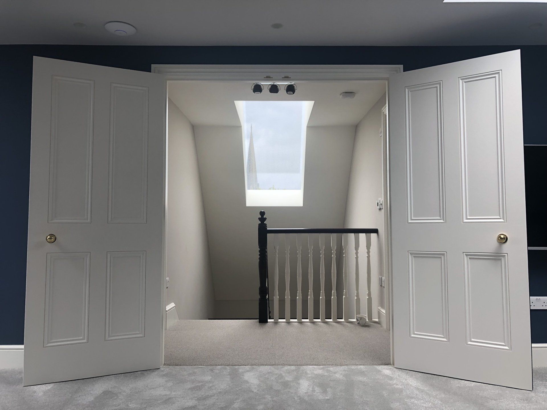 Open white double doors revealing a carpeted stair landing with a skylight and dark railing.