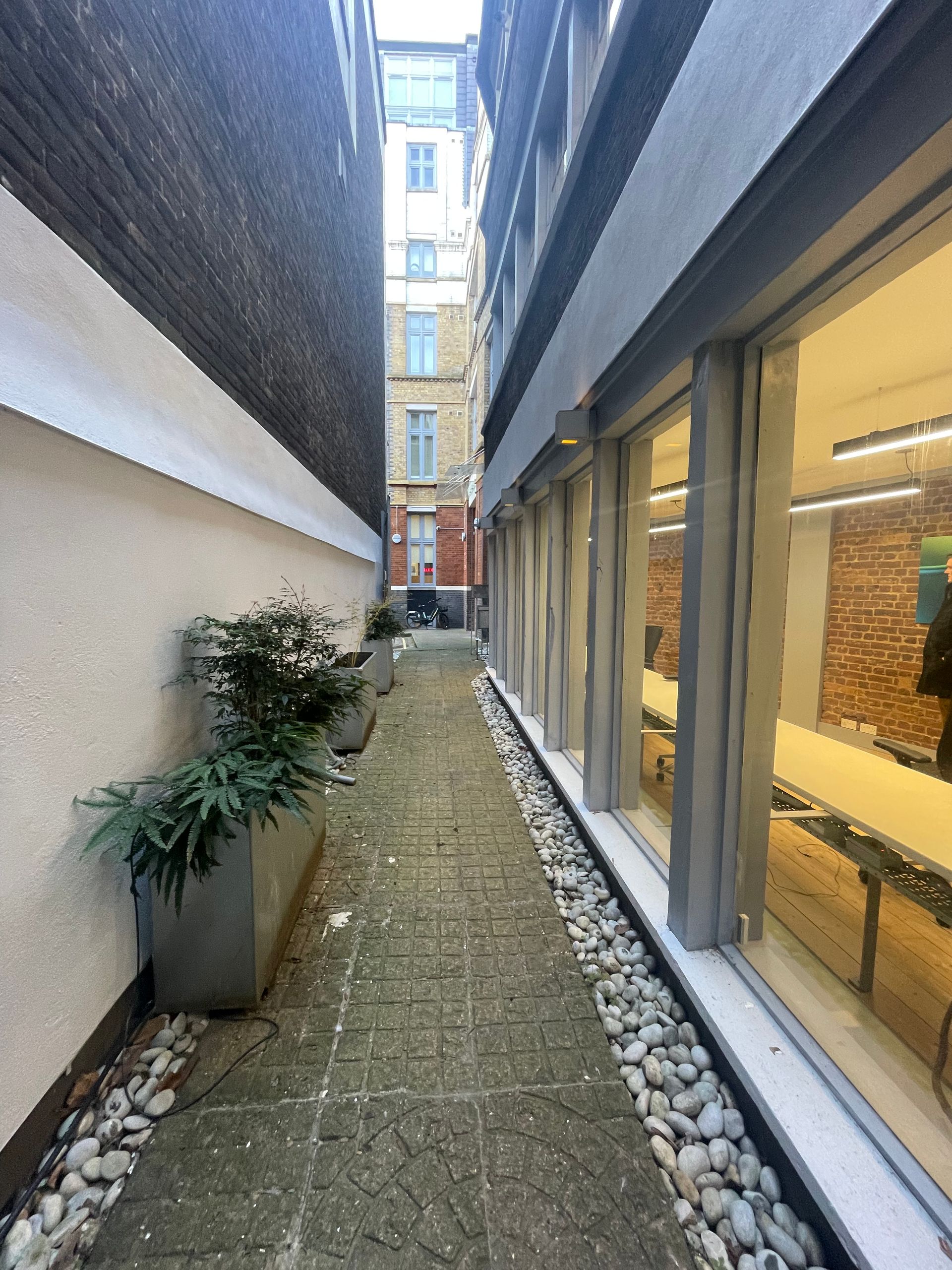 Narrow outdoor passage between buildings with stone walkway, potted plants, and lit windows on the right