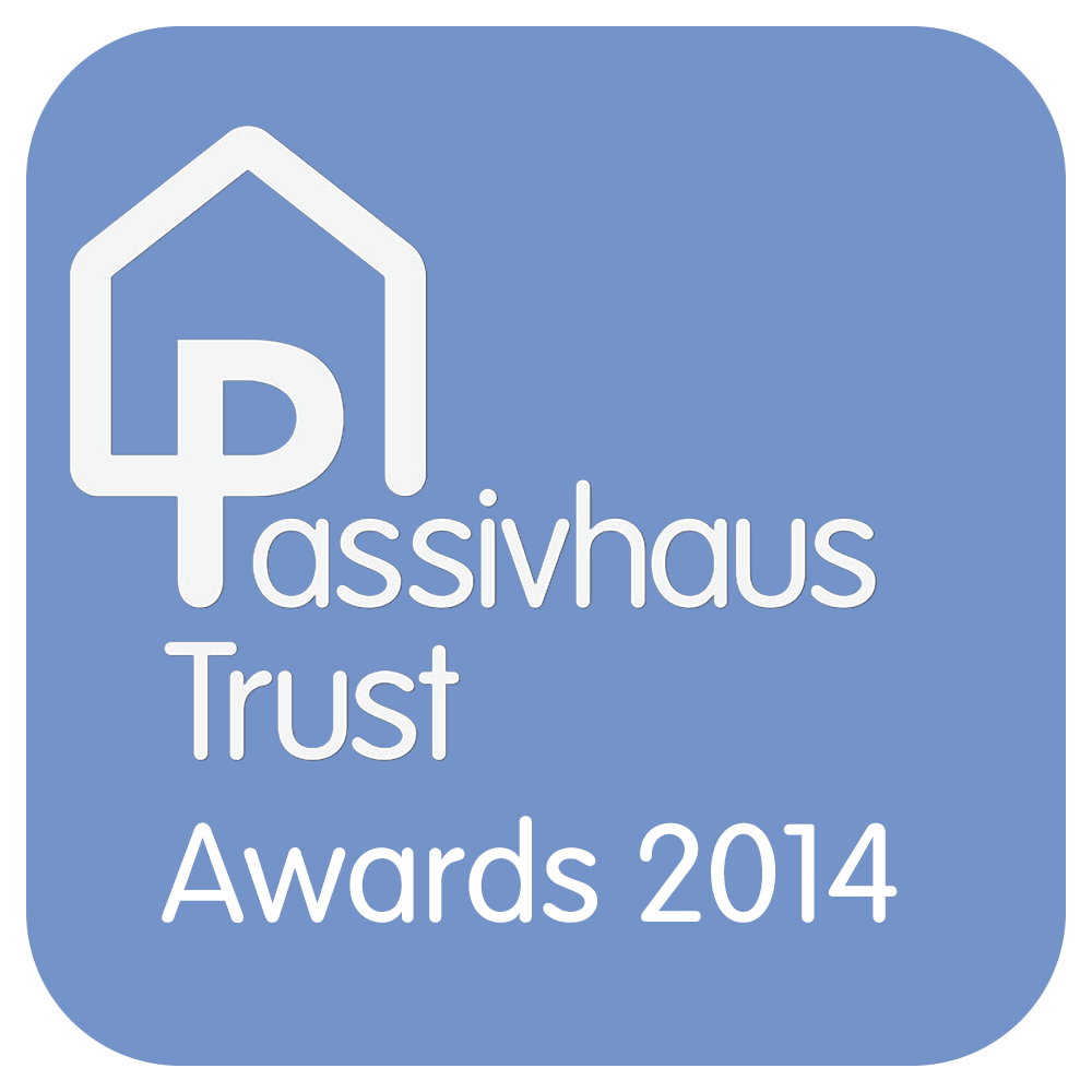 Blue Passivhaus Trust Awards 2014 logo with white house icon and text