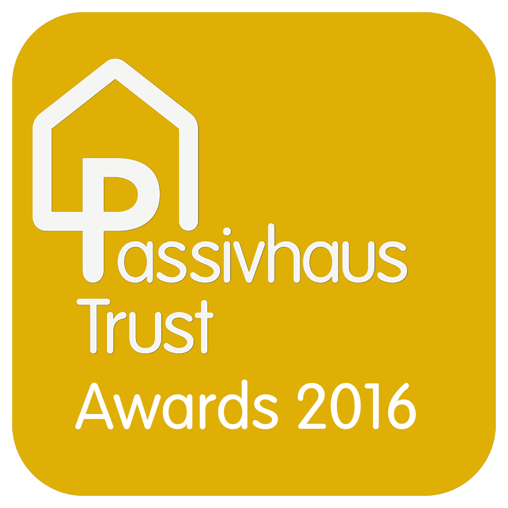 Passivhaus Trust Awards 2016 logo on a yellow square background with white text and house icon