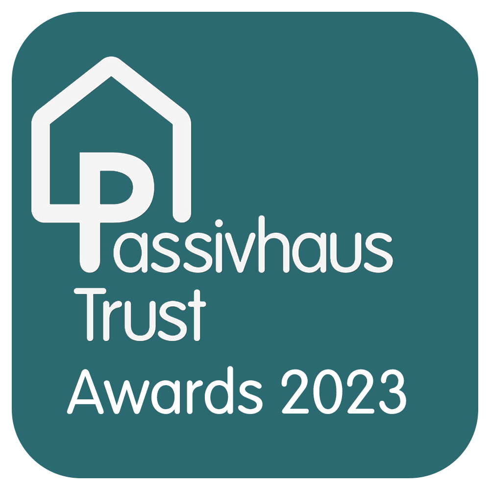 Passivhaus Trust Awards 2023 logo on teal background with white house icon