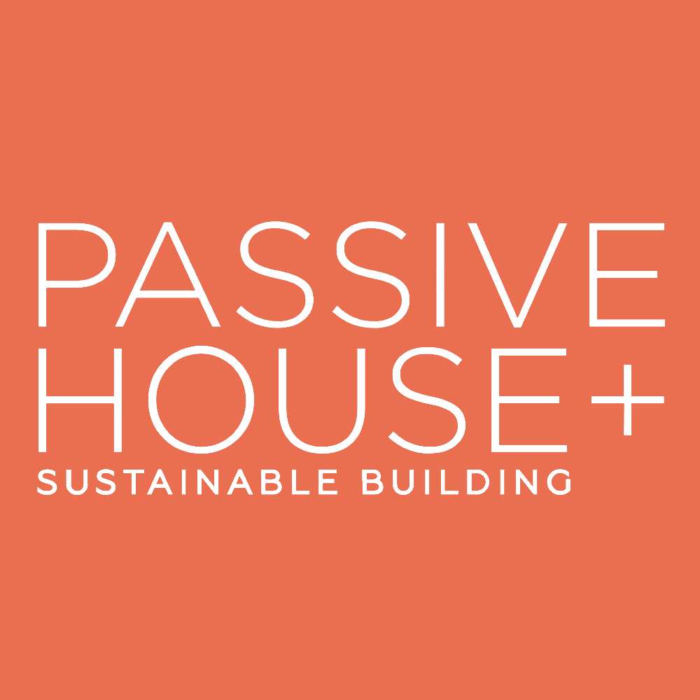 Passive House+ sustainable building logo on orange background