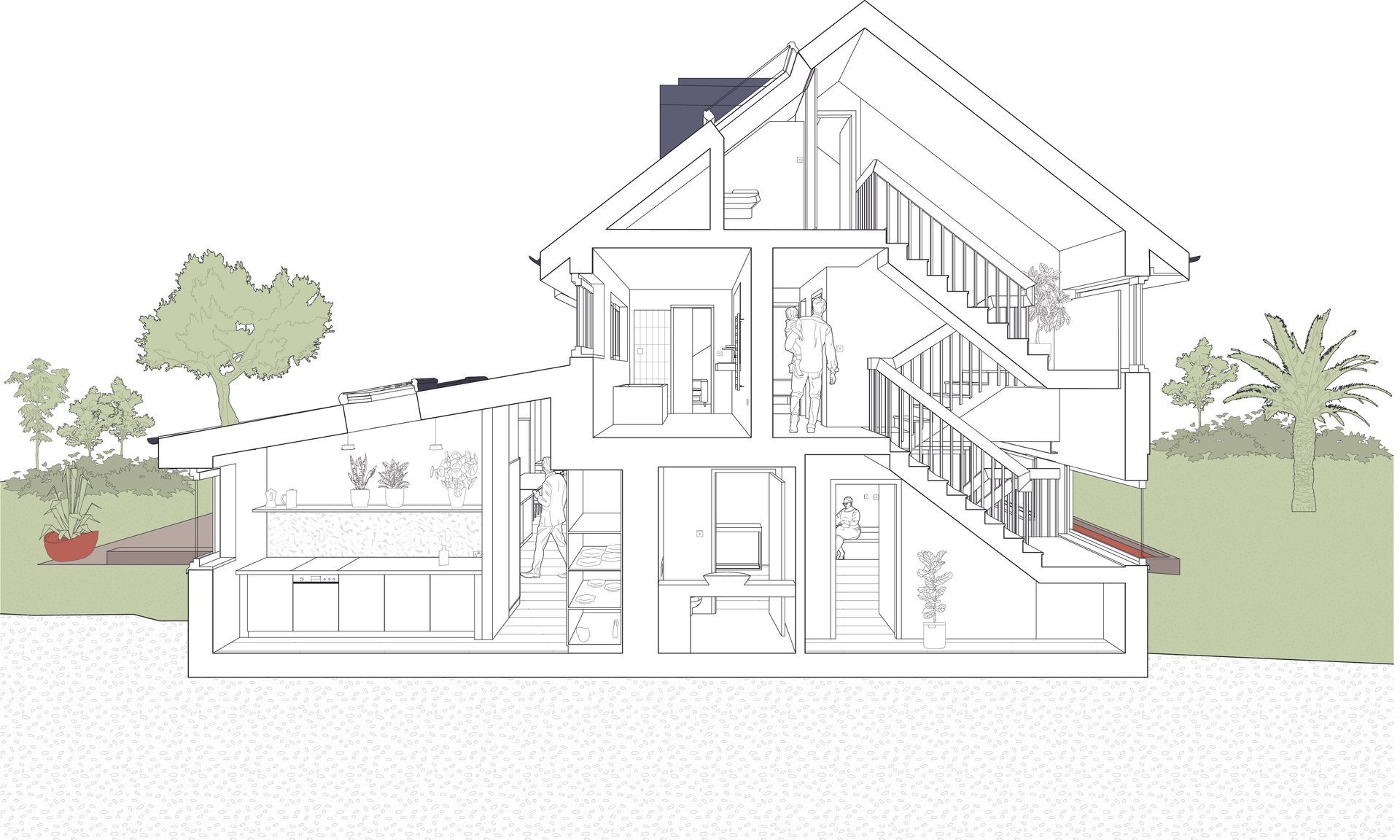 Cross-section illustration of a house interior with rooms, stairs, and a garden outside