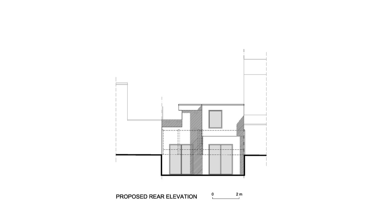Architectural section drawing of a small modern house with labeled dimensions and site lines.