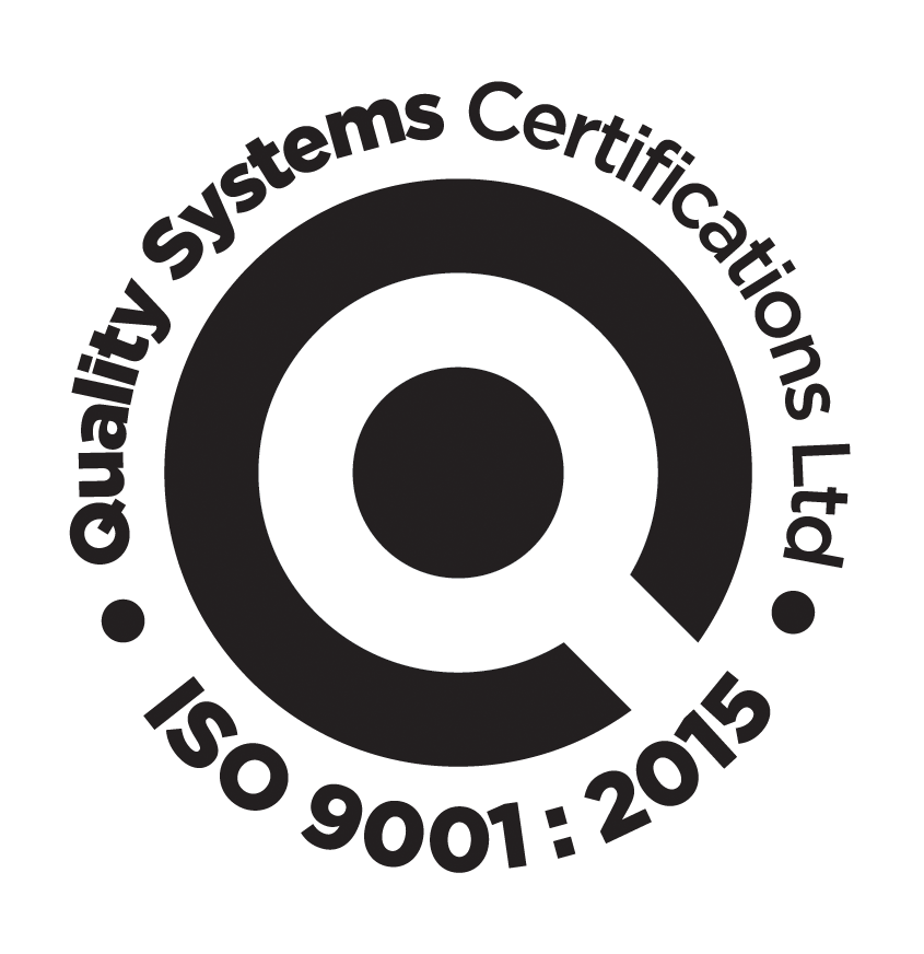 Logo: Quality Systems Certifications Ltd, ISO 9001:2015. Black and white circular logo with 
