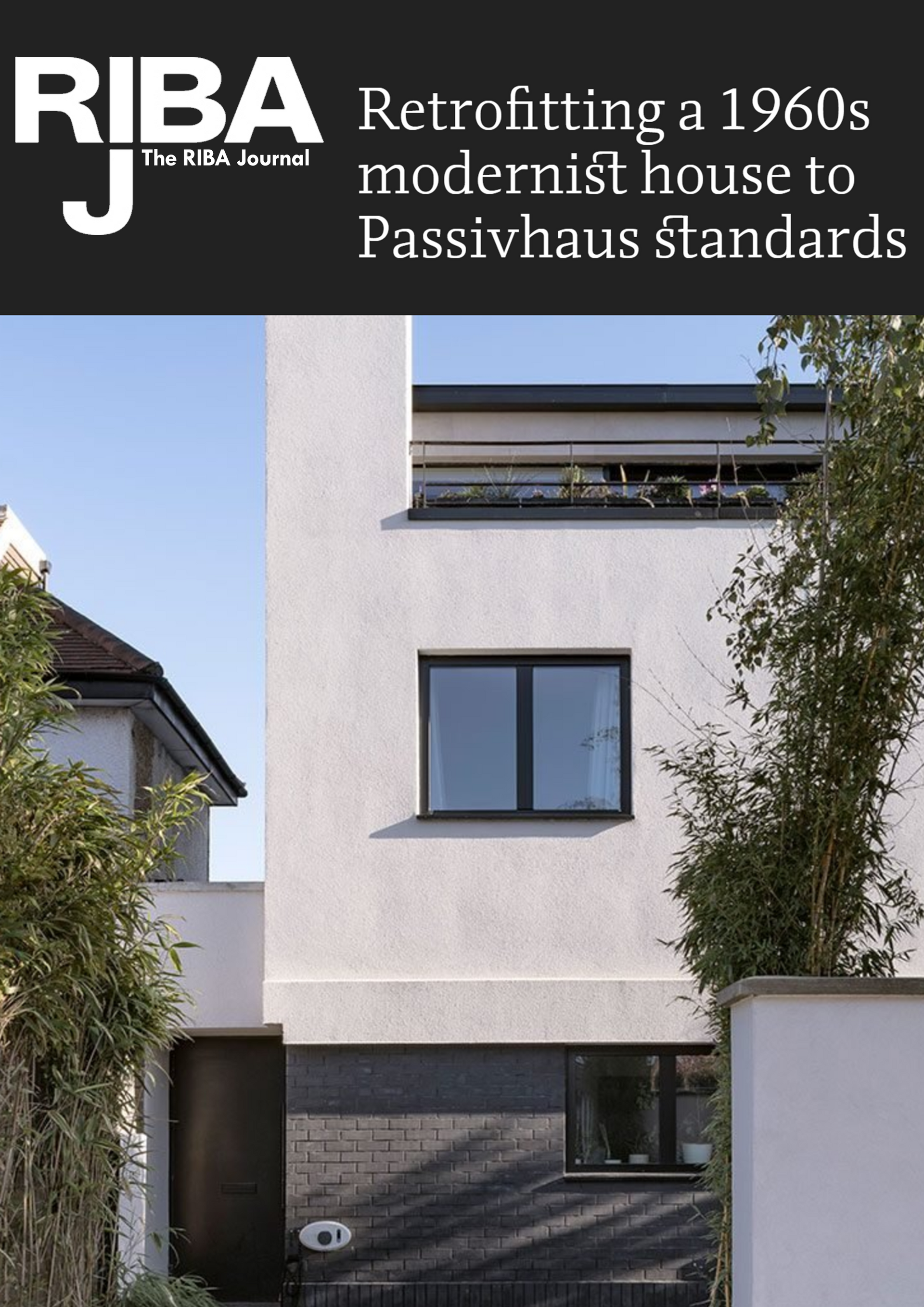 RIBA Journal cover showing a modern white house exterior and the headline on retrofitting to Passivhaus standards