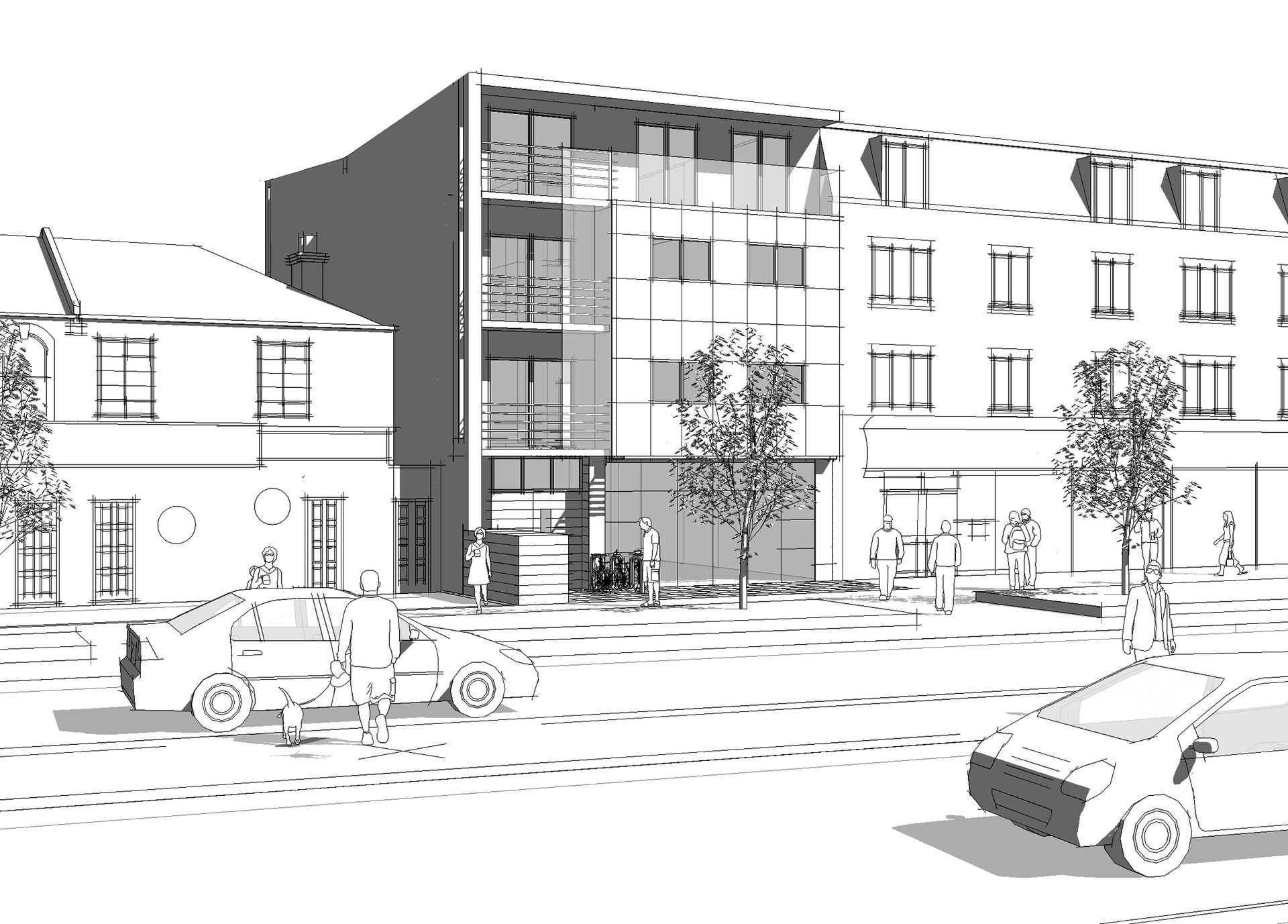 Street scene with apartment buildings, parked cars, and trees in front of a sidewalk.