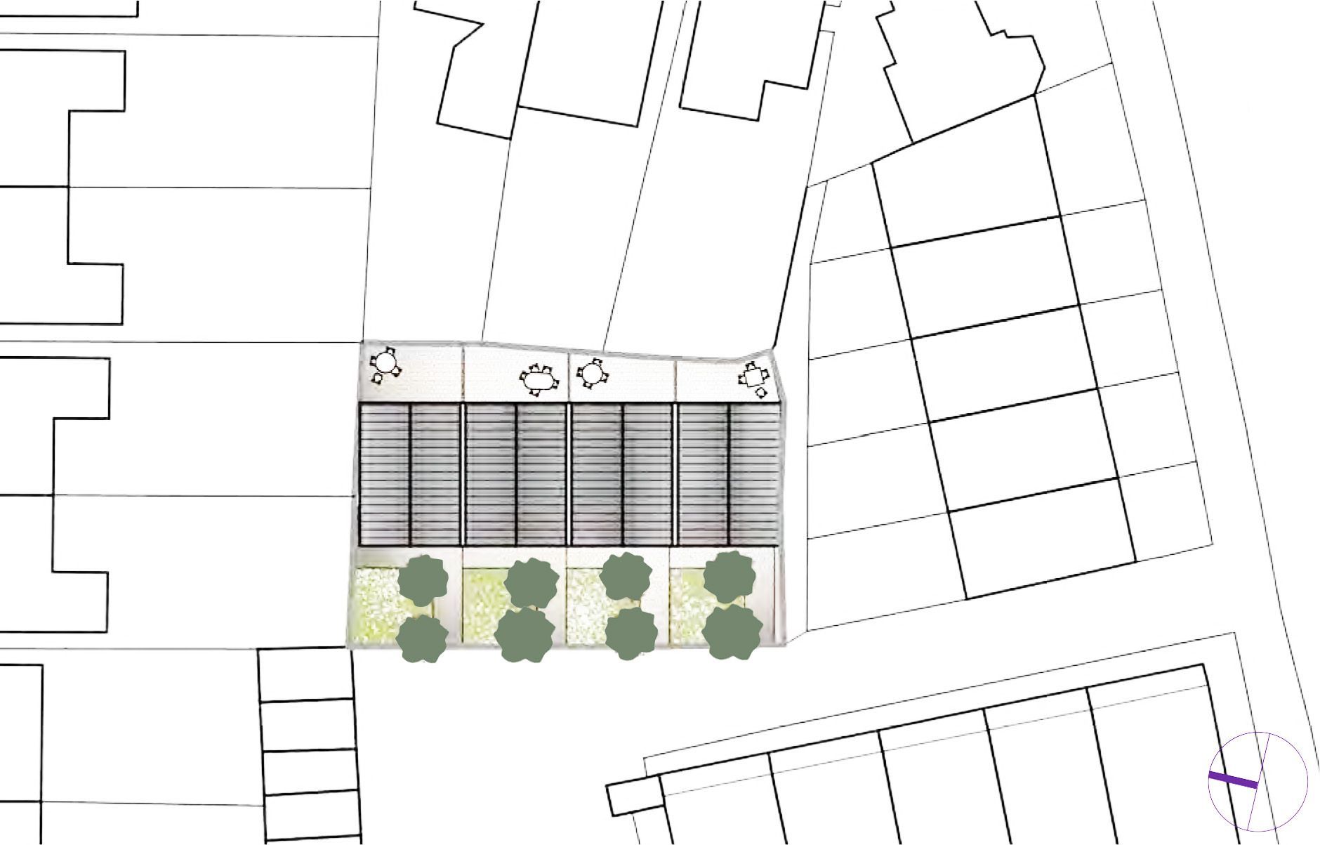 Site plan showing a building footprint, trees, paving, and adjacent streets/parking spaces