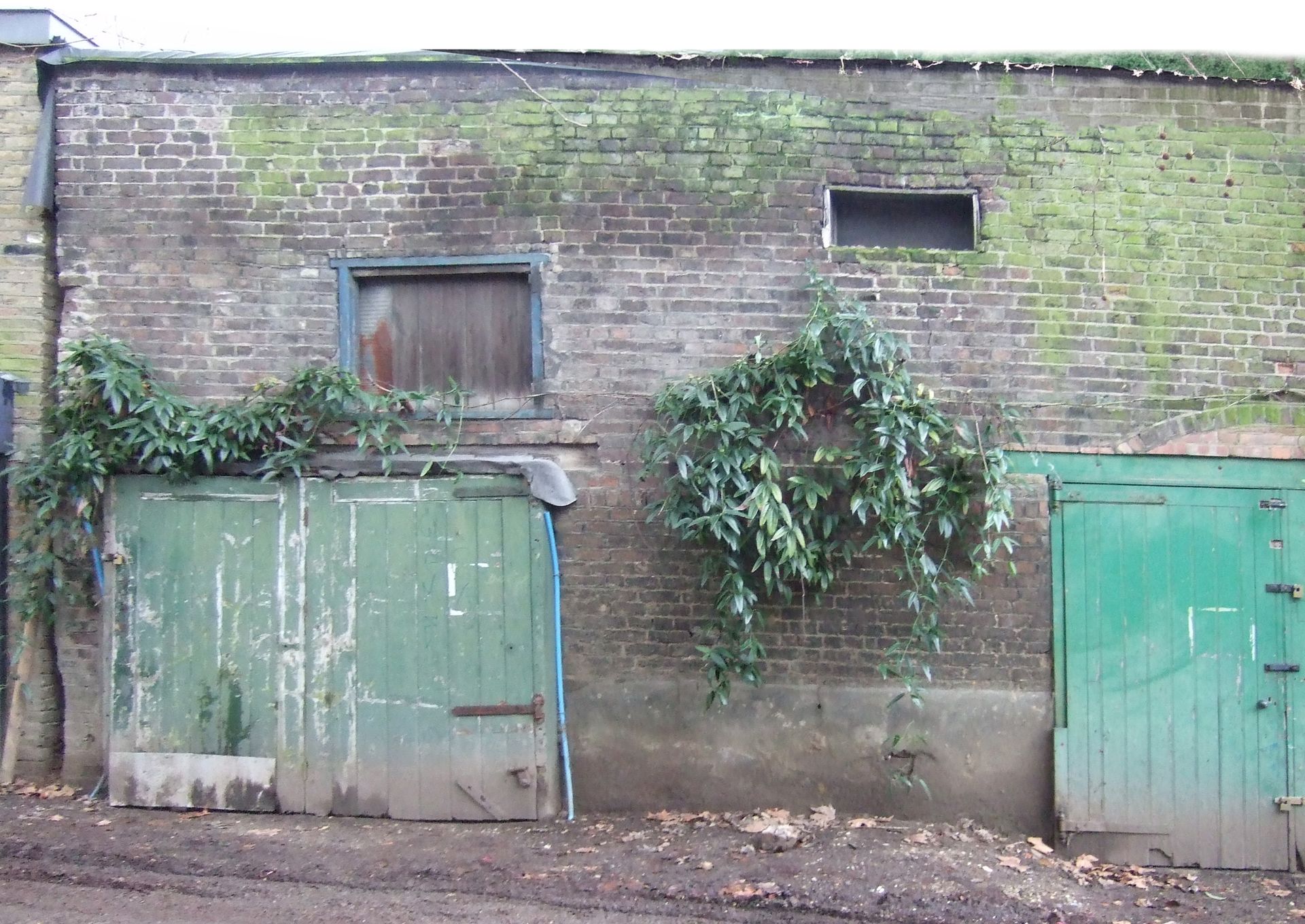 Old brick building with green doors, boarded window, and ivy growing over the facade.