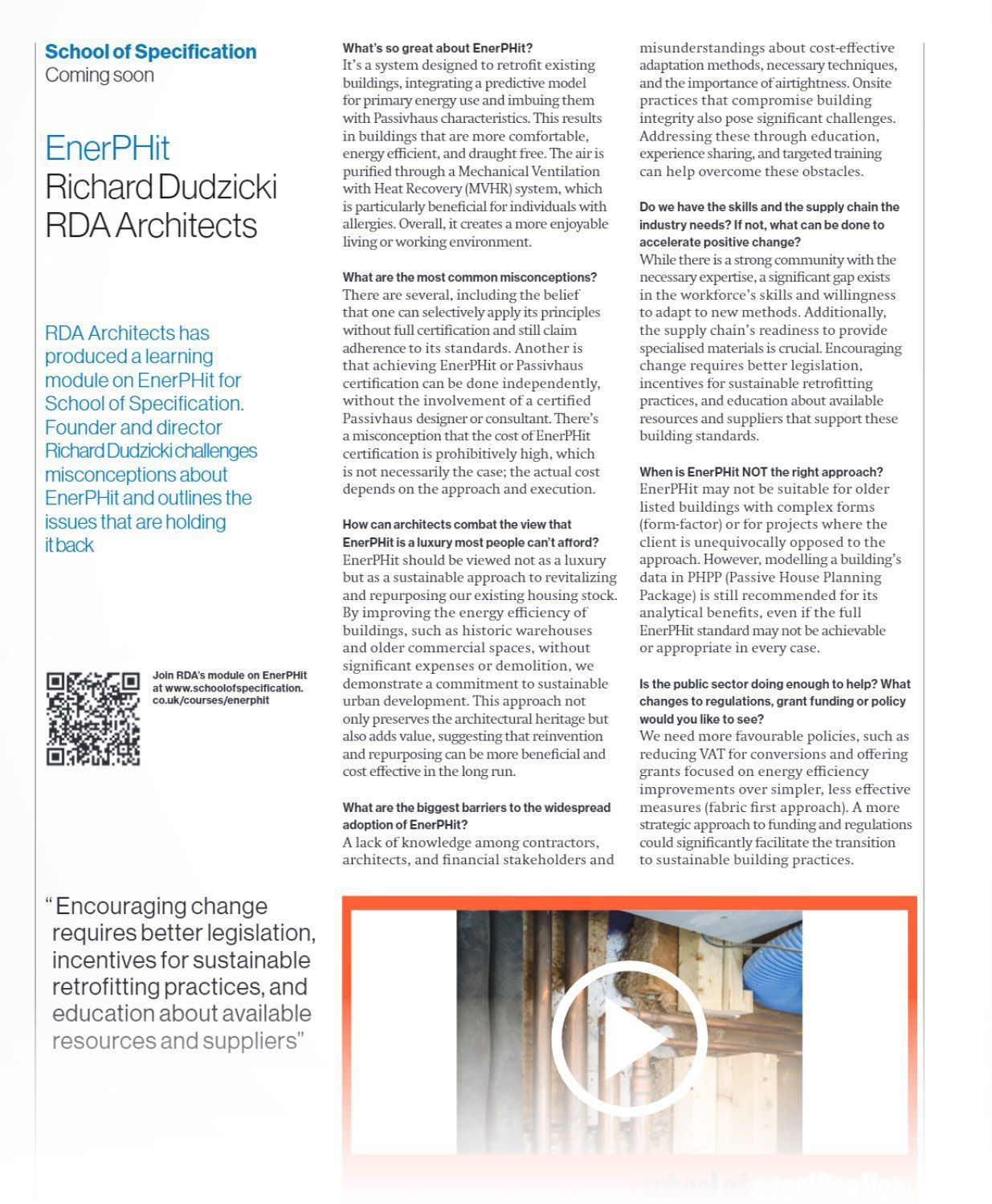 White brochure page with blue sidebar, text columns, QR code, and a small video thumbnail at bottom.