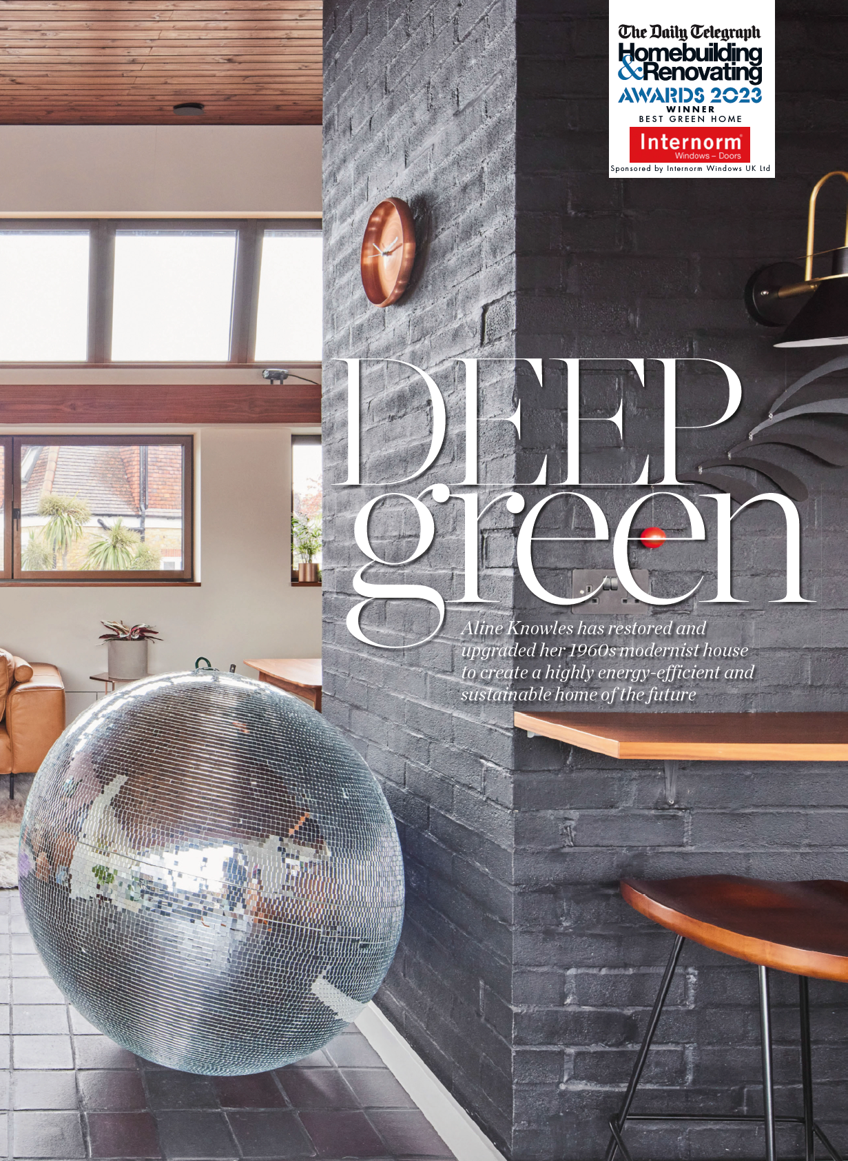 Stylized ad with a mirrored disco ball in a modern room, overlaid with “DEEP green” text.