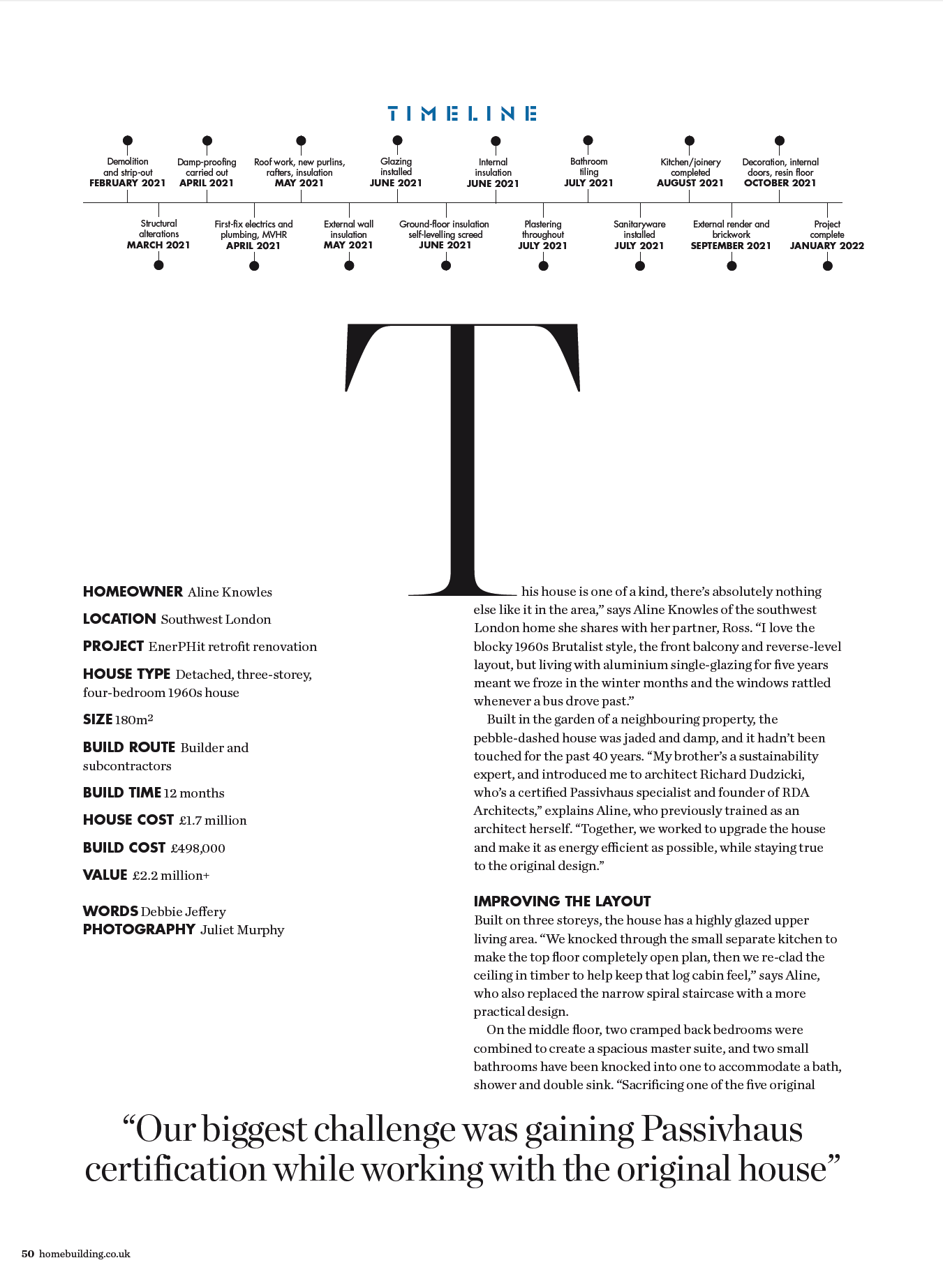 Magazine page with a large serif “T,” columns of text, and a small infographic header at the top